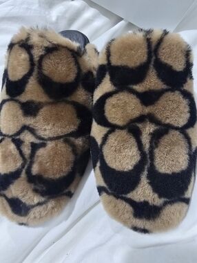 Coach Faux-Fur Slide Slippers in Brown and Black Signature Print